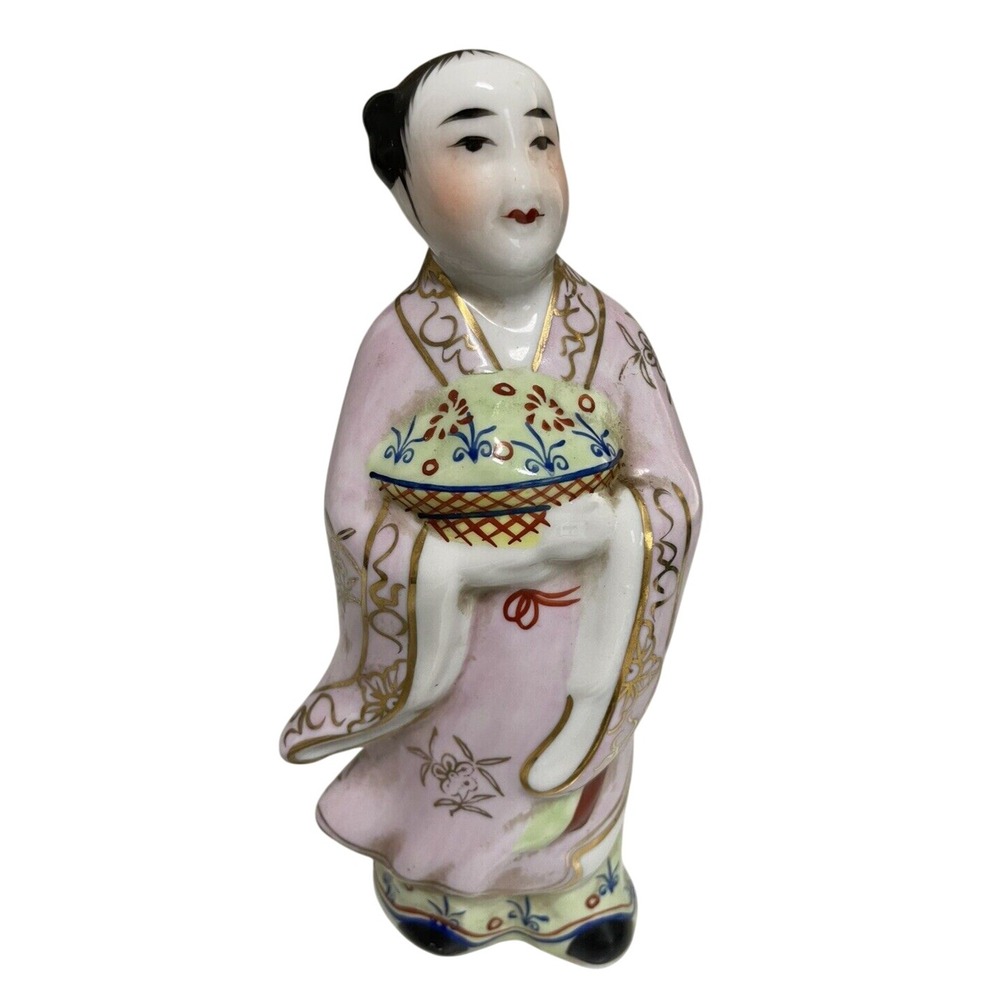 Vintage Porcelain Asian Chinese Woman Lady Flower Pot Basket Figurine Statue 7"
